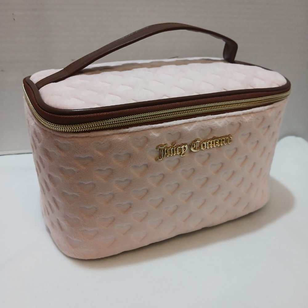 Juicy Couture Women's Cosmetics Train Case- Pink Velour with Embossed Hearts - Picture 3 of 13